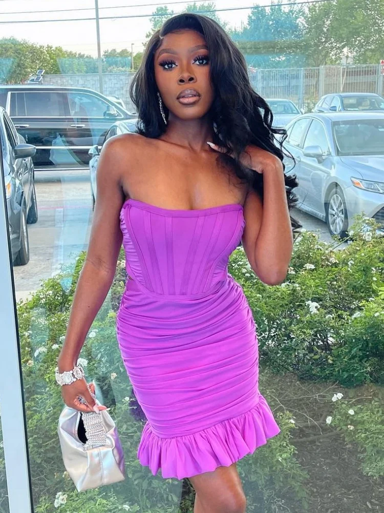 

Elegant Purple Strapless Ruched Bodycon Midi Dress For Women Summer Cocktail Parties Formal Dinners Wear Vestidos