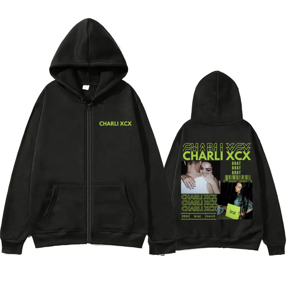 Singer Charli XCX Brat Album Graphic Zipper Hoodie Men Women Fashion Oversized Zip Up Jacket Men's Fleece Cotton Zip Up Hoodies