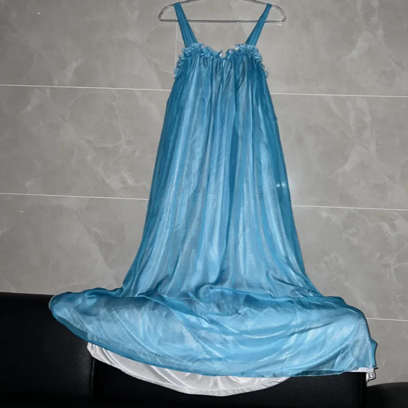 男性用セクシーな2層ボイル生地（外側）、アイスシルク生地（内側）、シルキーな肌触り、柔らかく光沢のある、シシーフリル付きサスペンダーロングドレス、女性用ゆったりドレス