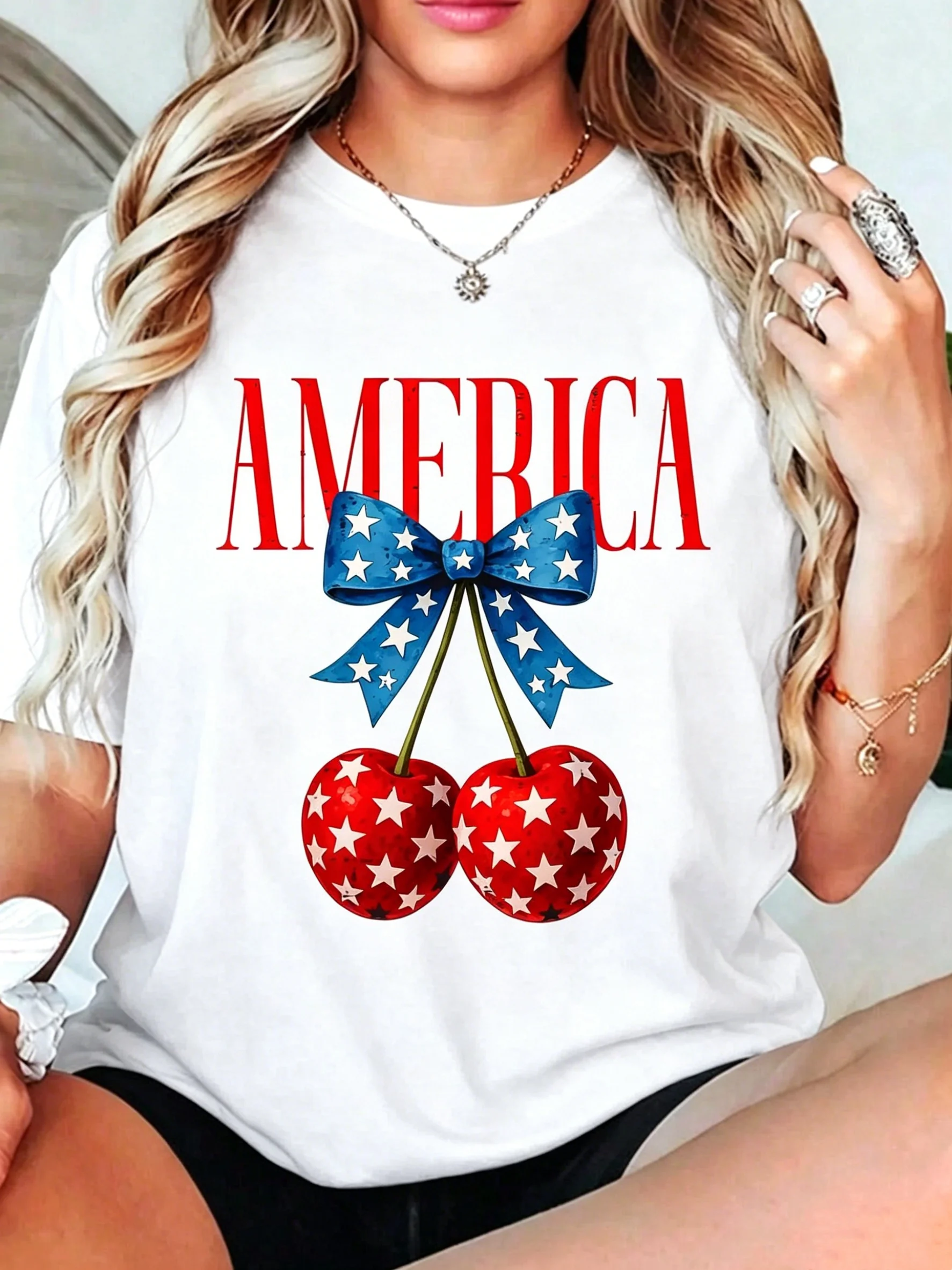 Women Casual America Cherries US Flag Coquette Bow Cherry 4th Of July T-Shirt Tops For Women Suitable for everyday wear and Independence Day holidays.
