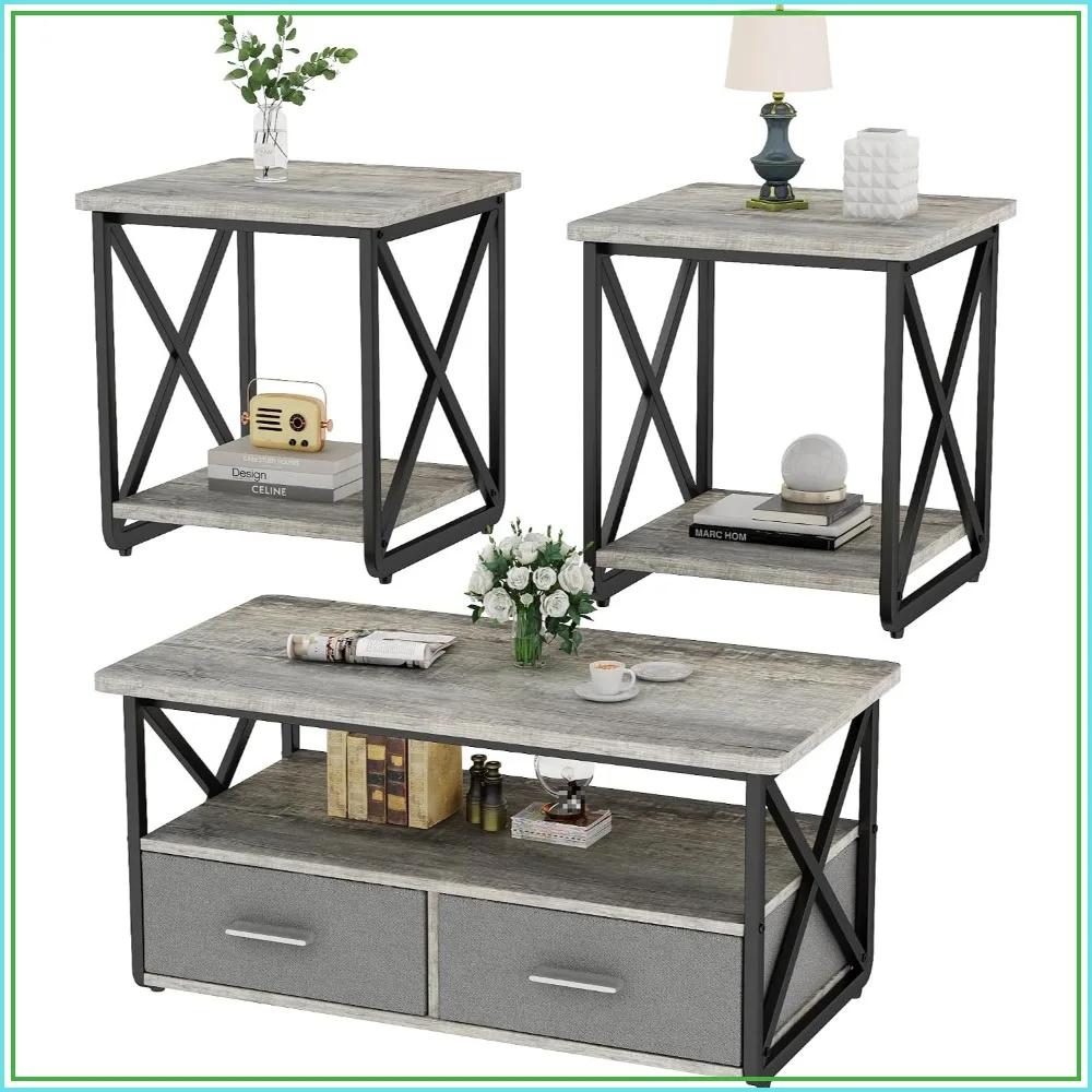 3 Piece Coffee Table Set with Fabric Drawers and Storage Shelves, Rustic Wood and Metal Frame, Grey