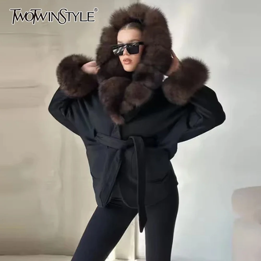 

TWOTWINSTYLE Solid Gentel Luxurious Spliced Fur Coat for Women V Neck Long Sleeve Patchwork Lace Up Short Wool Jacket Female New