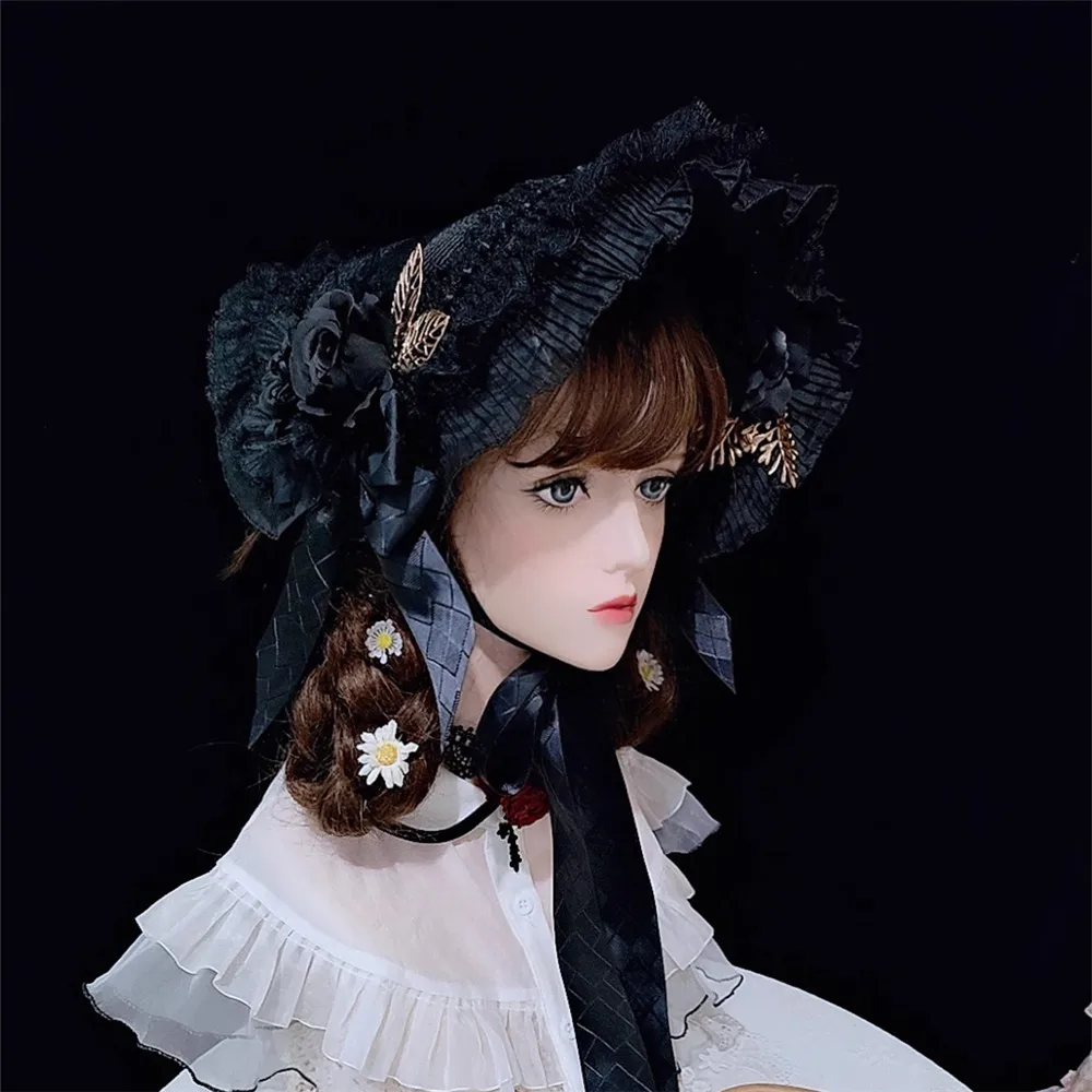 Gorgeous Gothic Vintage Girl Lolita Victorian Court Sun Hat Bnt Cosplay Flower Multilayer Lace Bead Chain Bonnet Handmade