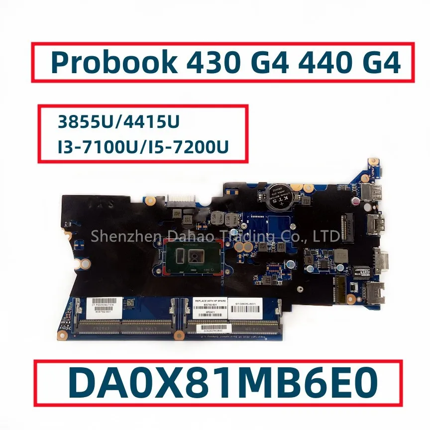 para hp Probook 430 g4 440 g4 Placa-mãe Portátil com 3855u 4415u I37100u I5-7200u Da0x81mb6e0 905792001 905794601 Ddr4