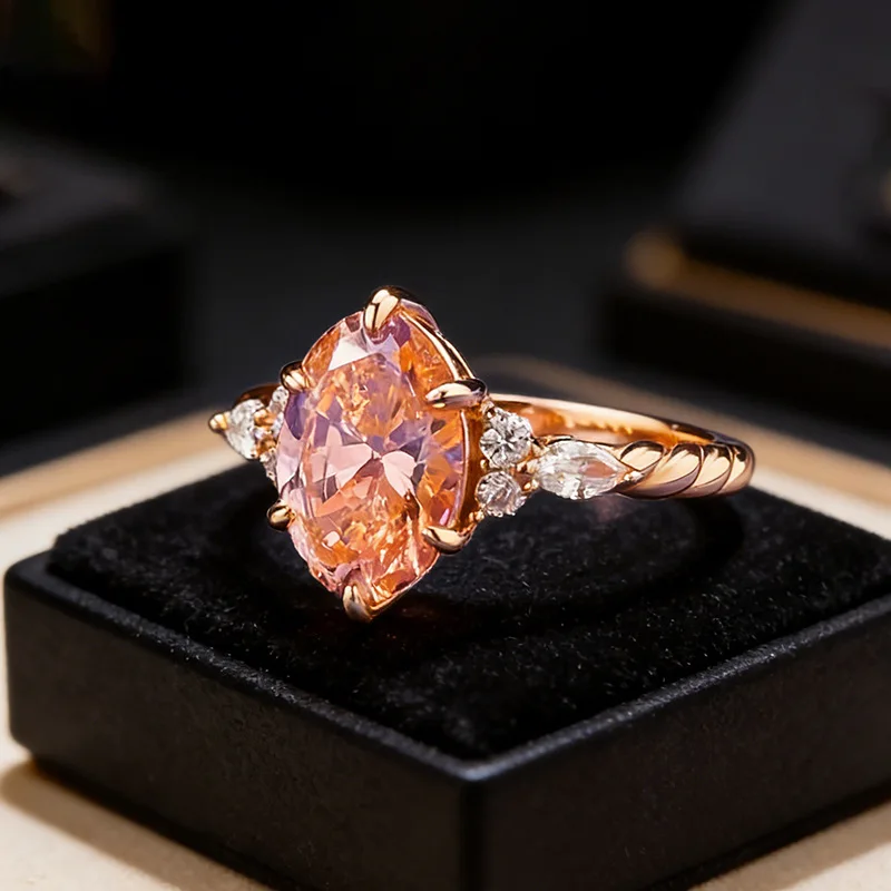 Luxury 9999 24K Solid gold certifid certifid7*10mm oval padparadscha ring for women with hemp lace and sweet temperament