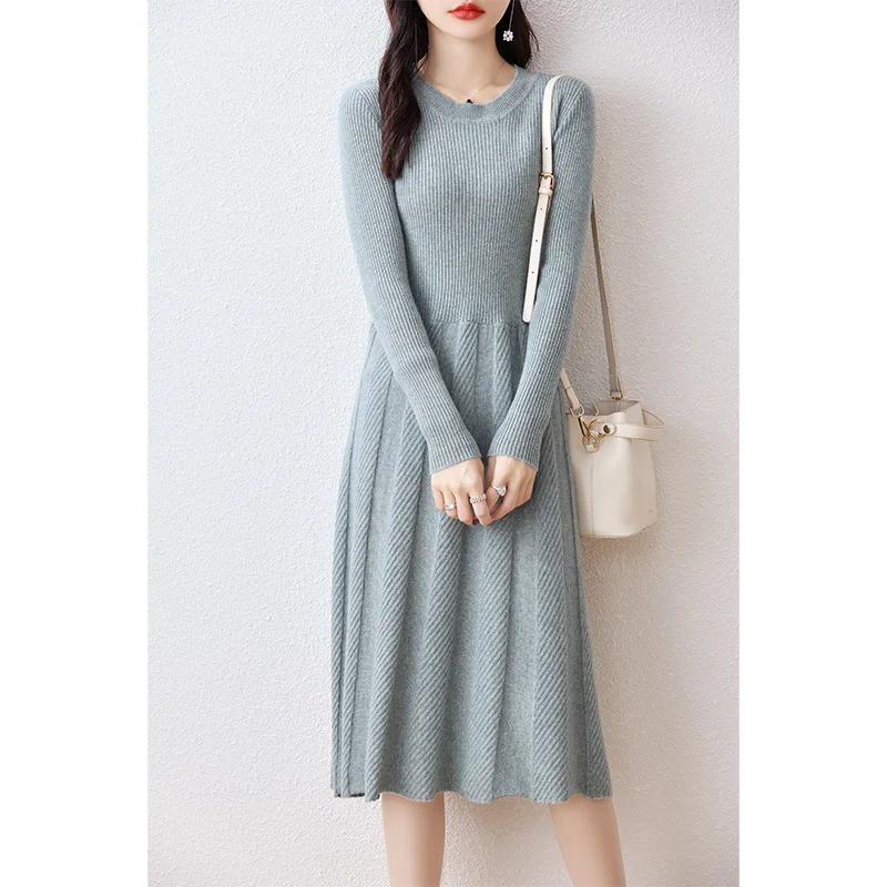 

vestidos para mujer Hot Sale 2023 Winter New Fashion Length-keen Cashmere Dresses Female O-neck Wool Clothing DR01