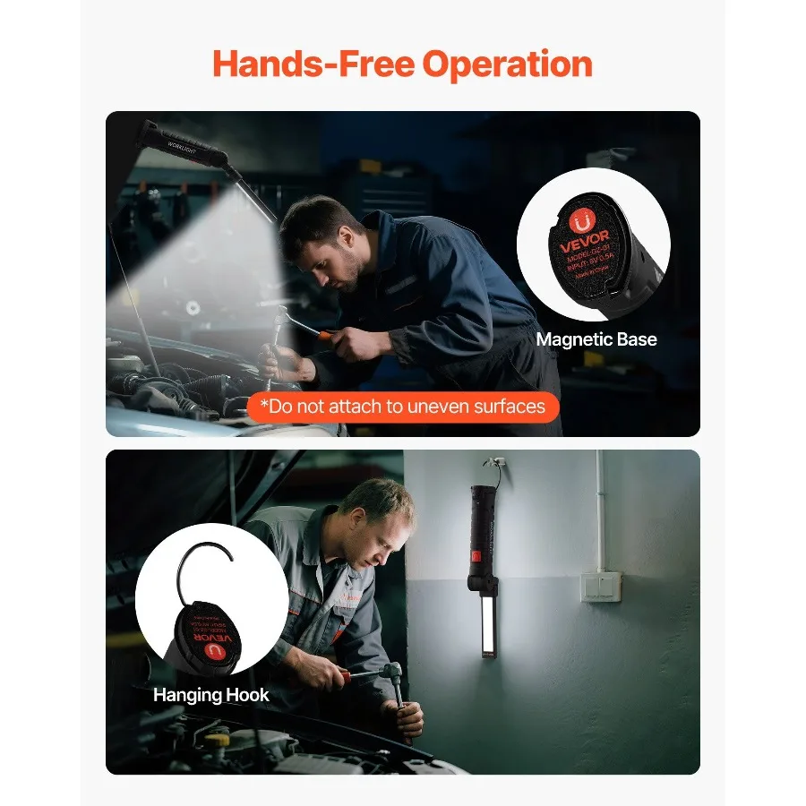 ضوء عمل LED قابل لإعادة الشحن، 1200 مللي أمبير، مصباح يدوي ميكانيكي مغناطيسي بقاعدة مغناطيسية، 360 درجة °   دوران، 5 أوضاع إضاءة،