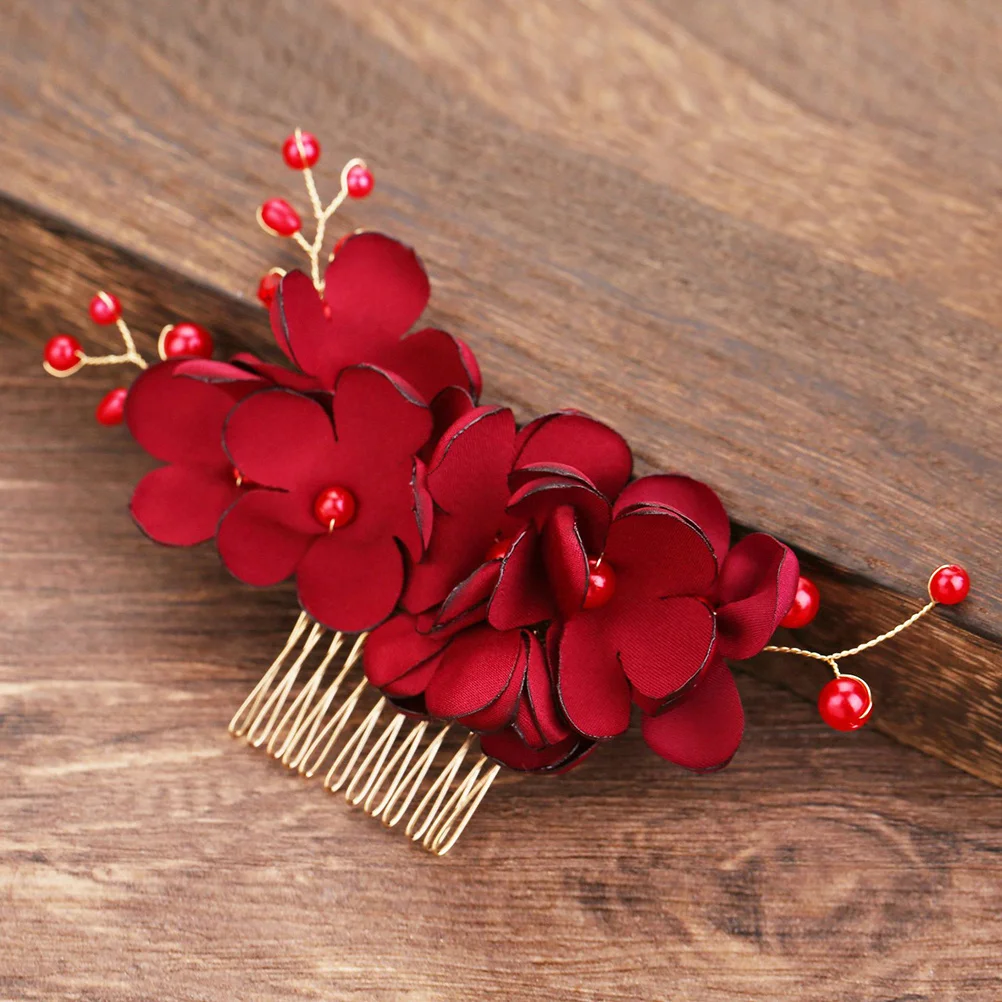 

1pc Cloth Flower Hair Side Comb Red Elegant Fabric Floral Bead Decor Lightweight Women Wedding Party Prom Bridal Hair
