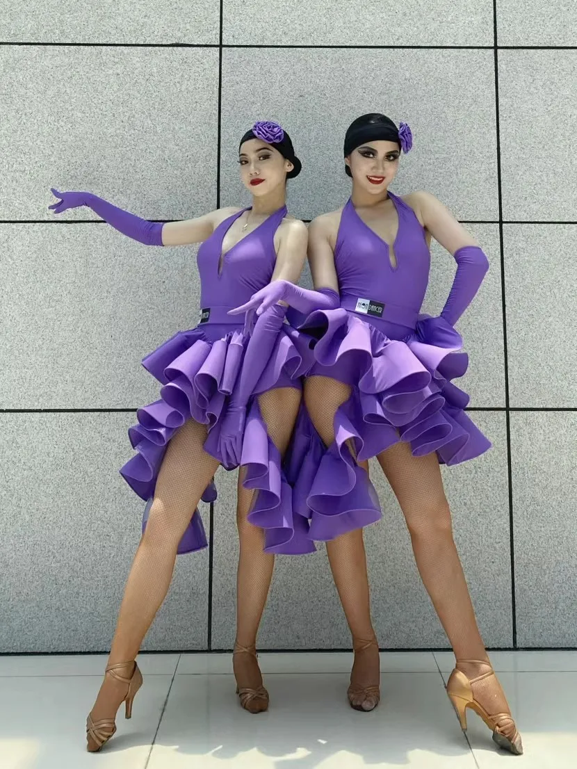 Neon Dancer Damen Latin Dance Wear Doppellagiges, breites Fishbone-Swing-Kleid Latin Dance Training Wear Wettkampfkleidung
