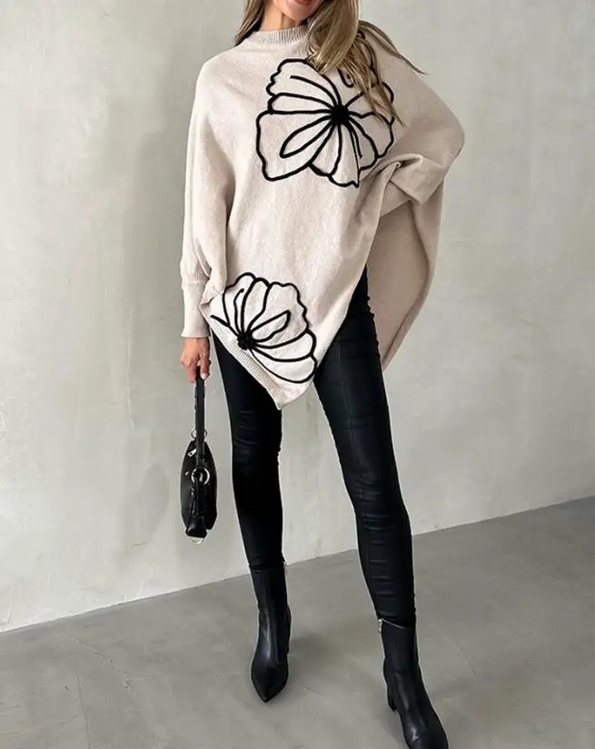 خريف شتاء موضة جديدة 2025 البلوز القمم الجاكار Batwing كم غير المتكافئة سترة عادية فضفاضة تناسب