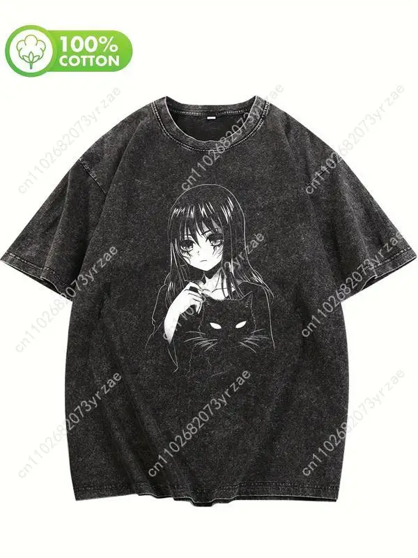 Black Cat Patterns Retro Tshirt Man Woman High Quality Vintage T Shirt Cotton Short Sleeves Fashion T-shirt Soft Breathable Tops
