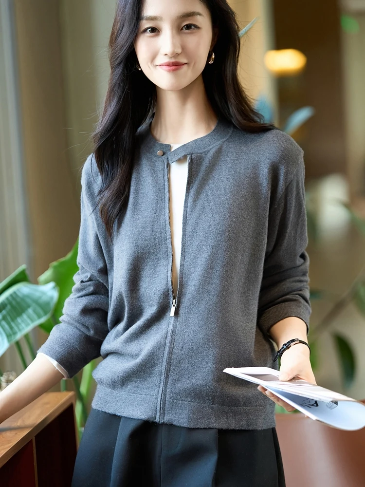 

Women's Fine Wool Sweater Baseball Collar Cardigan Spring Autumn Baseball Jacket Clothing Cashmere Knitwear Loose Bottoming Top