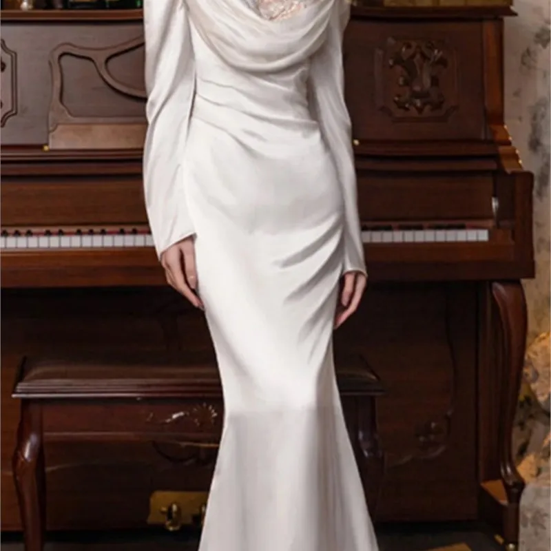 Satin simple feminine sense light long-sleeved temperament fish tail slimming welcome dress