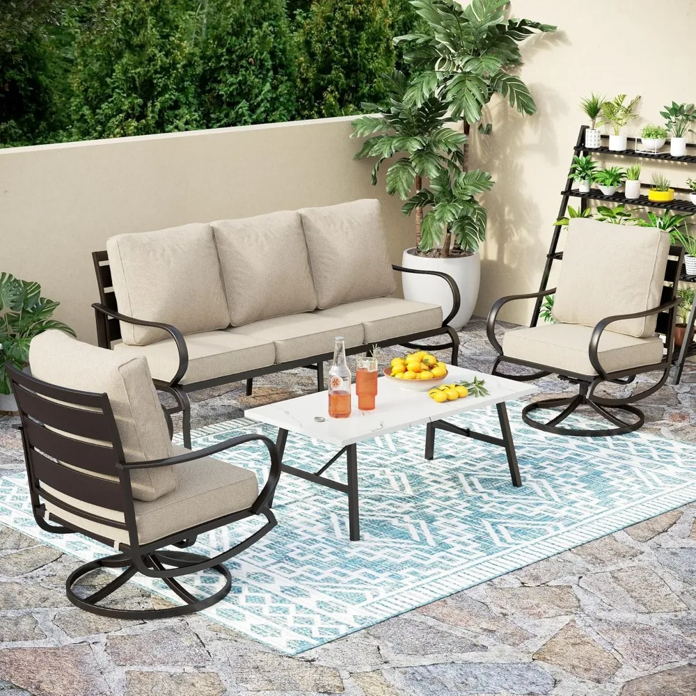 4 Piece Patio Furniture Set with 1 x 3 Seater Padded Deep Seating Bench, 2 Swivel Cushioned Armrest Sofa Chairs and Coffee Table