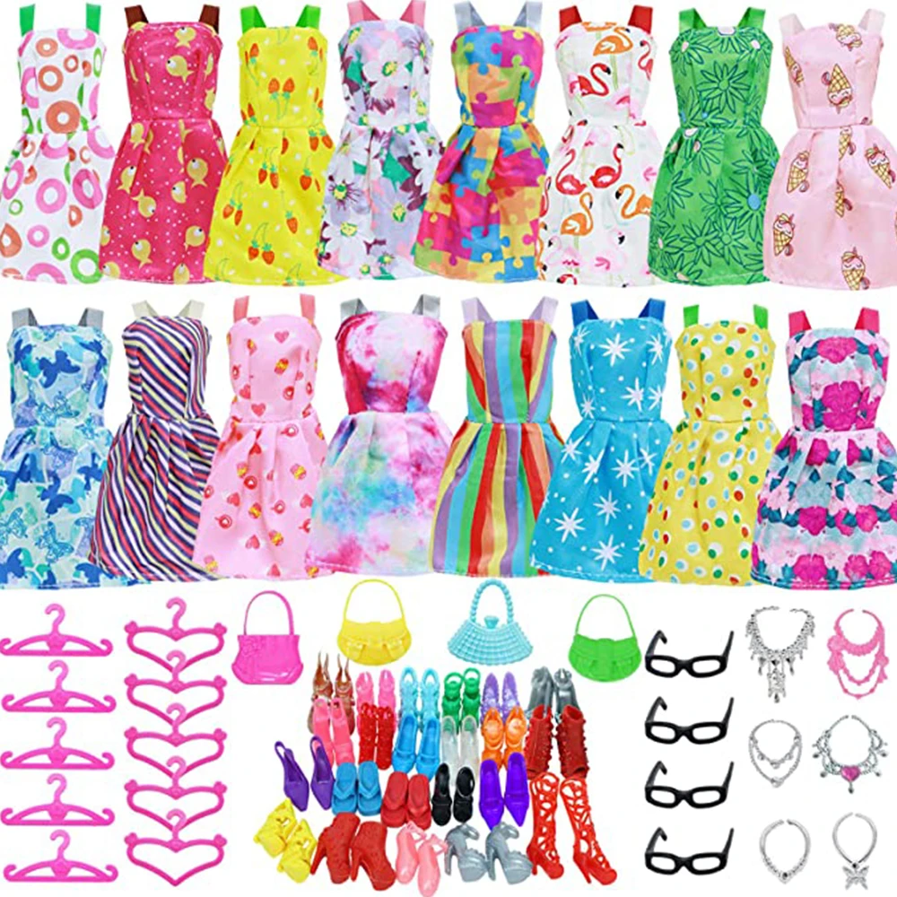 42 Item/Set Doll Accessories=10 Mix Fashion Cute Dress+ 4 Glasses+ 6 Necklaces+2Handbag+ 10 Shoes Dress Clothes For Barbies Doll