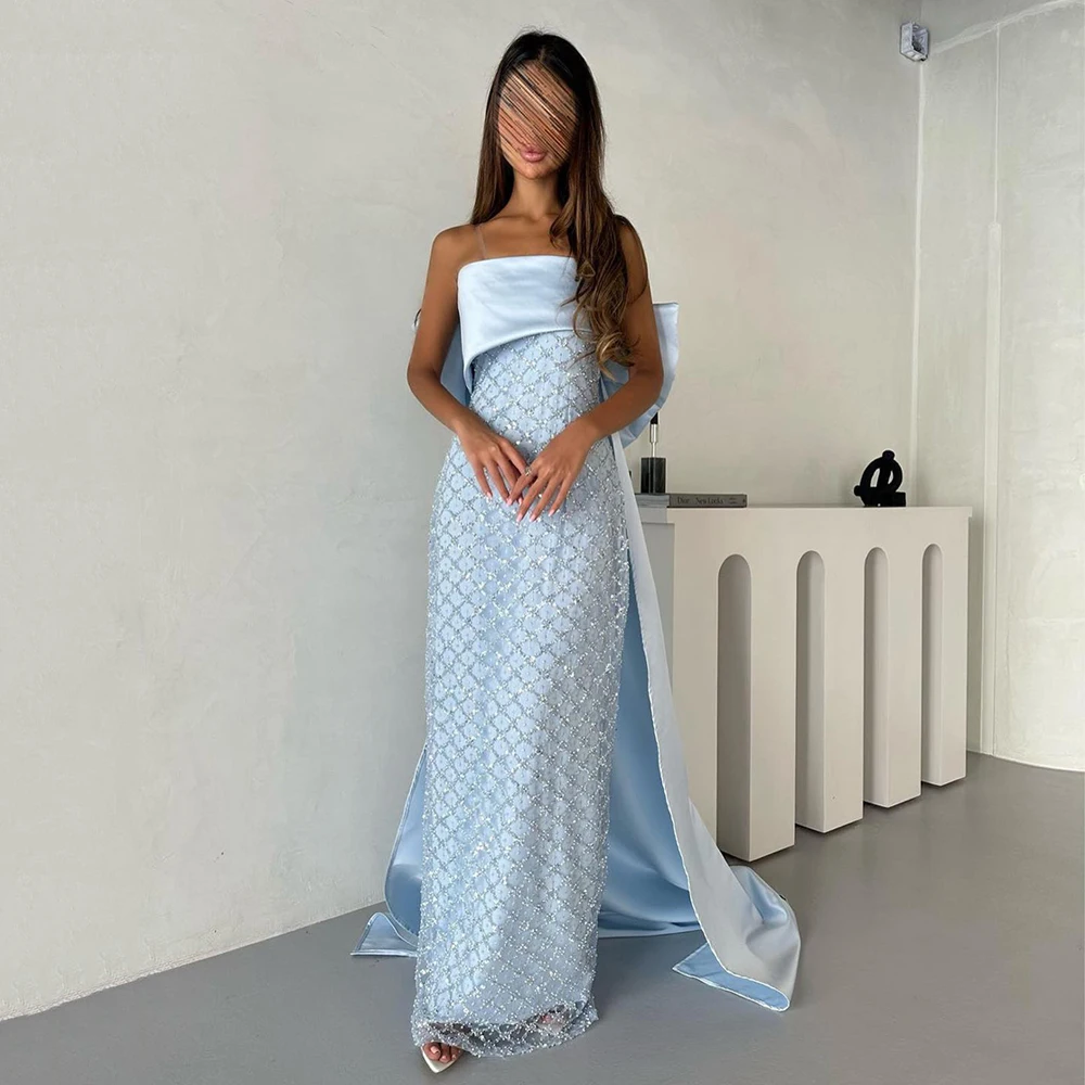 Light Blue Prom Dress Strapless Sleeveless Sparkling Grid Tulle Staight Evening Dress Custom Size Saudi Arab Party Gown