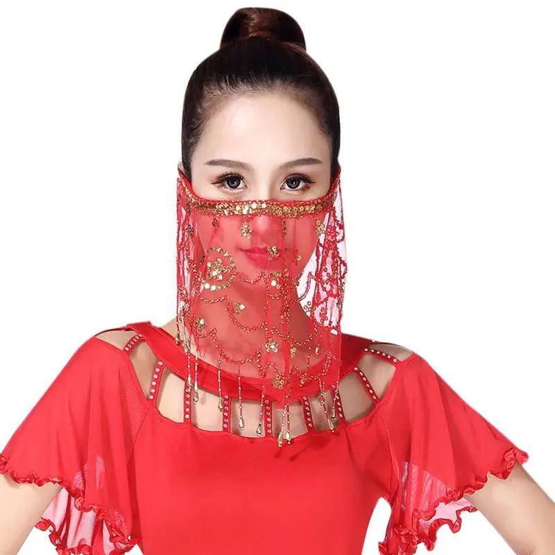 Lady Belly Dance Dancing Face Mask Women Belly Dance Face Veil With Sequins Beautiful Voile Wrap Scarf Perform Accessory