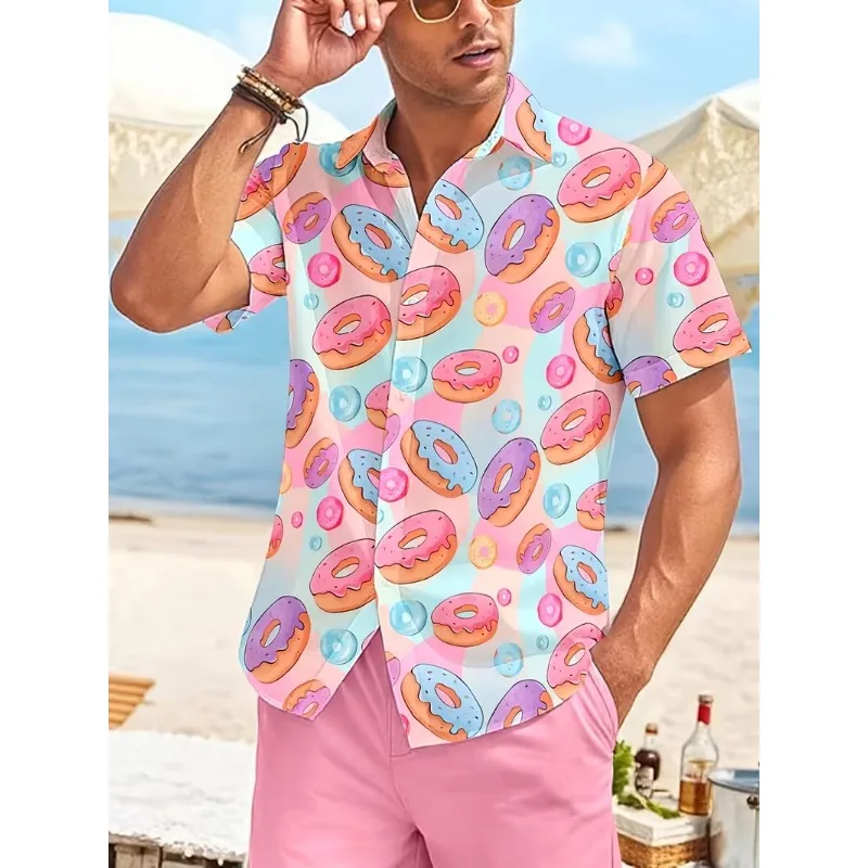 Macaron Donut Printed Short Sleeved Shirt for Summer Hawaiian Style Casual Vacation Couple Cardigan Top