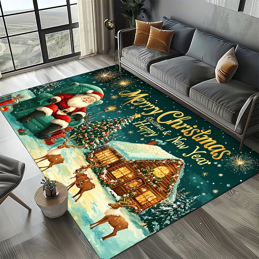 Rutschfester Teppich mit Weihnachtsmotiv, Weihnachtsmann und Rentier, dekorative Bodenmatte, festlicher rutschfester Teppich für Wohnzimmer und Schlafzimmer