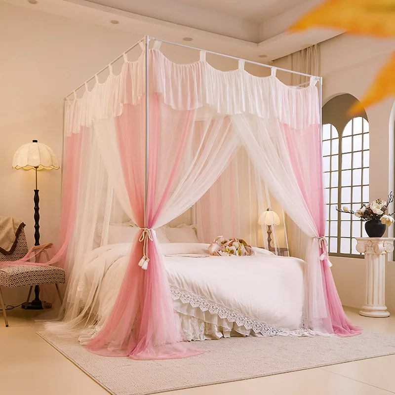 

Pink Household Bed Curtain (without bracket) Bedroom Bed Valance Three Door Thick Curtain Gauze Mosquito Net Bedroom Decoration
