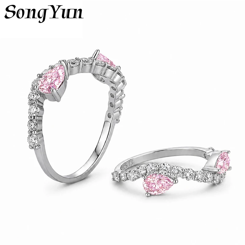 SONGYUN Moissanite Diamond Jewelry S925 Sterling Silver Colorful Intertwined Pear Shaped Twisted Band Moissanite Ring