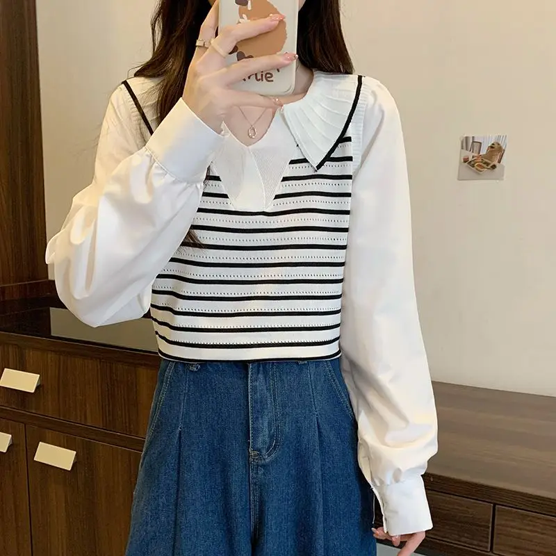 Spring Autumn Elegant Fashion Fake Two Pieces Tshirt Women Clothing Sweet Turn-down Collar Long Sleeve Top Striped Knit Pullover