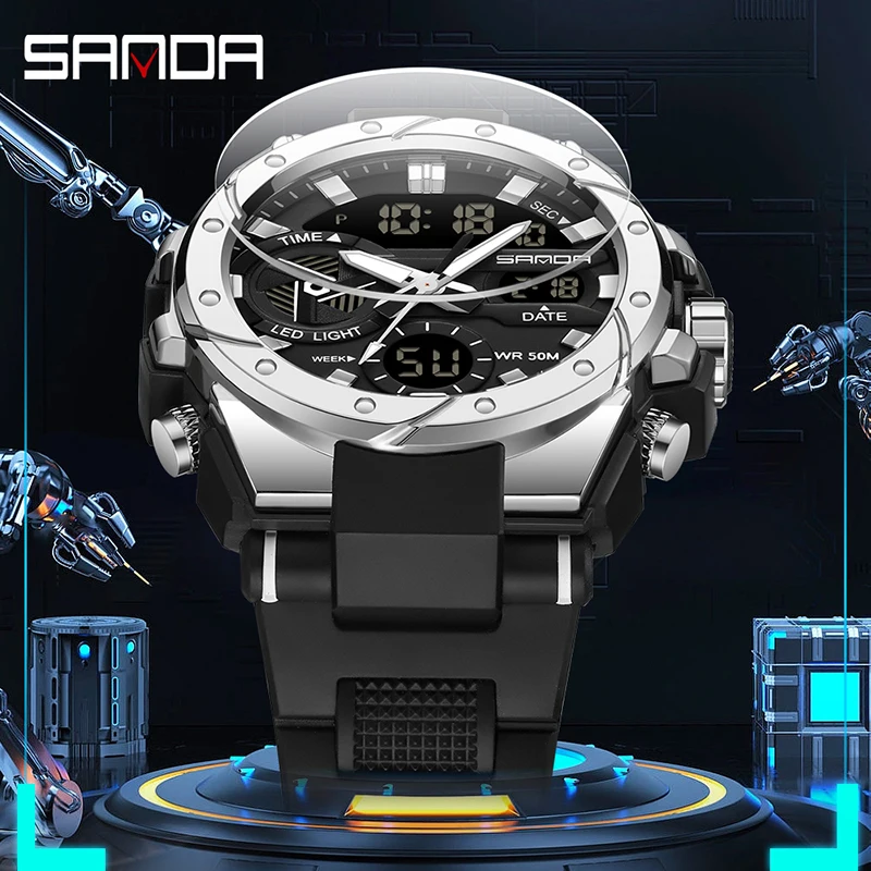 SANDA Luxury Electronics Watch Men Sport Alarm Clock Waterproof Stopwatch Chronograph Men\'s Wristwatches Quartz Digital Watches