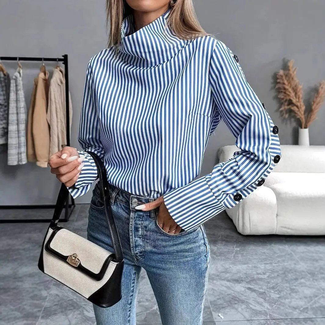 Spring Shirt New Stripe Long Sleeved Top For Women Elegant Office Lady Spliced ​​Buttons Pullover Woman Blouse 2025 Blusas