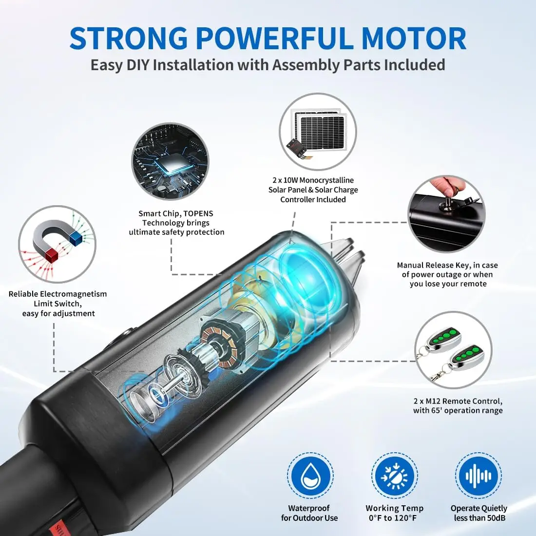 فتاحة بوابة شمسية أوتوماتيكية من TOPENS A5S لبوابات متأرجحة فردية متوسطة التحمل تصل إلى 16 قدمًا، مشغل بوابة متأرجحة واحدة يعمل بالبطارية