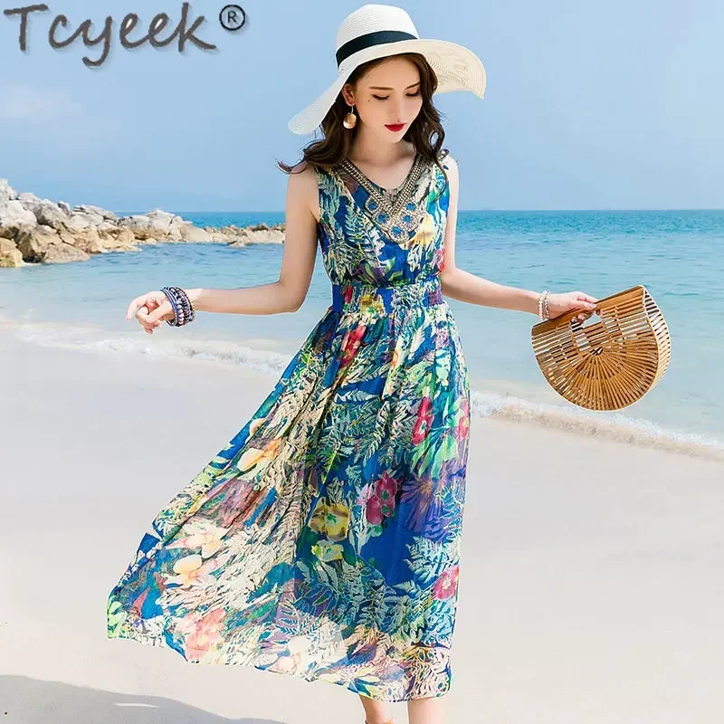 

Tcyeek New Summer Boho Dress Women 2023 Elegant Dresses for Women 100% Milberry Silk Dress High Quality Vestidos Ropa Mujer Zm