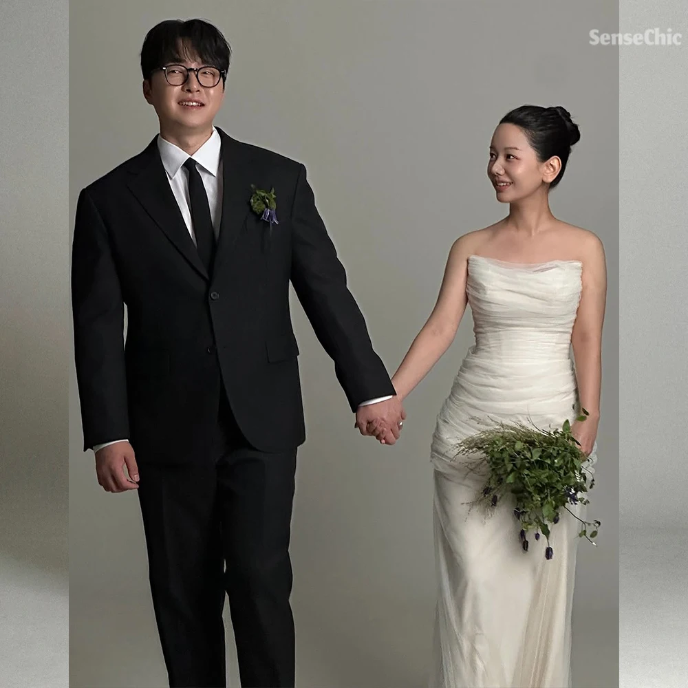 فستان الزفاف حورية البحر نمط كوريا تول بلا أكمام ألف خط حفلة كوريا صورة تبادل لاطلاق النار كوريا الزفاف فستان زي العرائس فستان مخصص