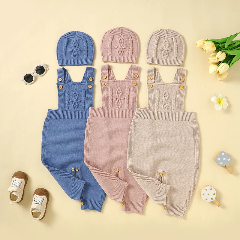 

Spring Autumn Baby Clothes 0-18m Solid Sleevelss Knit Newborn Boys Girls Rompers Hats Outfits Sets 2pcs Infant Netural Jumpsuits