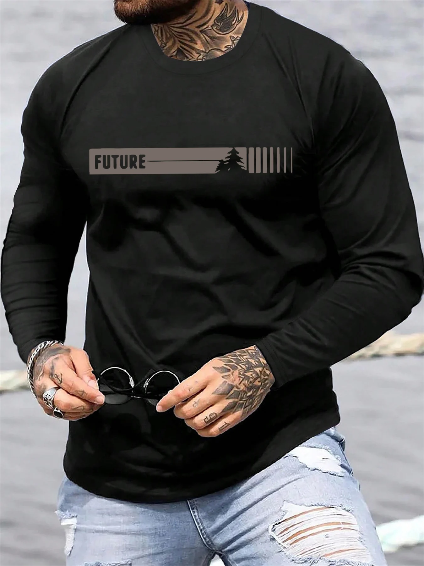 100% Pure Cotton Men's Long Sleeved Round Neck Loose Future Letter Pattern Printed Spring and Autumn Versatile T-Shirt Top image 2