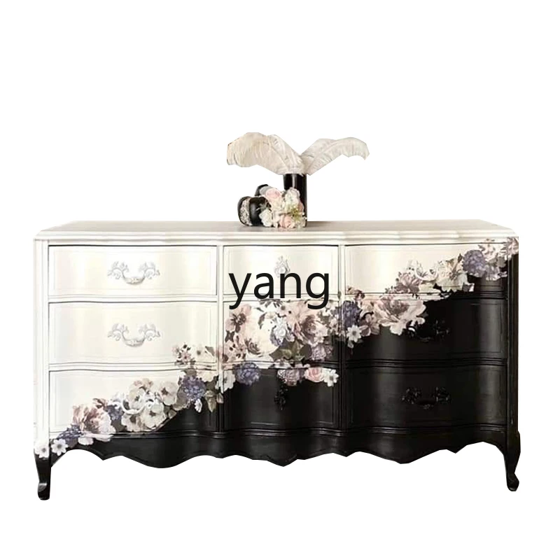 

CX Mild Luxury Retro Flower Painted Entrance Cabinet Solid Wood Oak Hand Carved Chest of Drawers