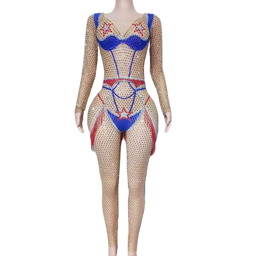 

Sparkly Rhinestones Tassels Jumpsuit for Women Sexy Nightclub Outfit Birthday Party Bodysuit Stage Wear Show Performance Costume
