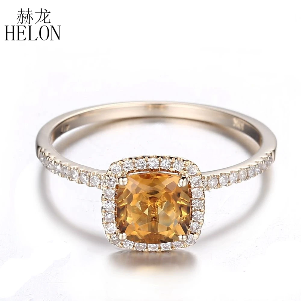 HELON Cushion 6mm Genuine Natural Citrine Solid 18K 14k 10k Yellow Gold Ring Real Diamonds Engagement Ring Women Trendy Jewelry