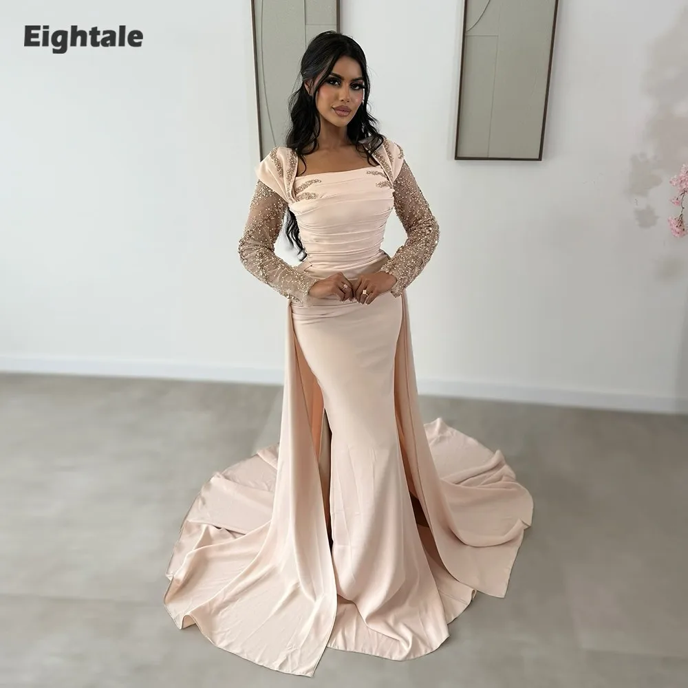 

Eightale Arabic Evening Dress for Wedding Party Strapless Long Sleeves Cap Sleeves Mermaid Floor Length Customized Prom Gown