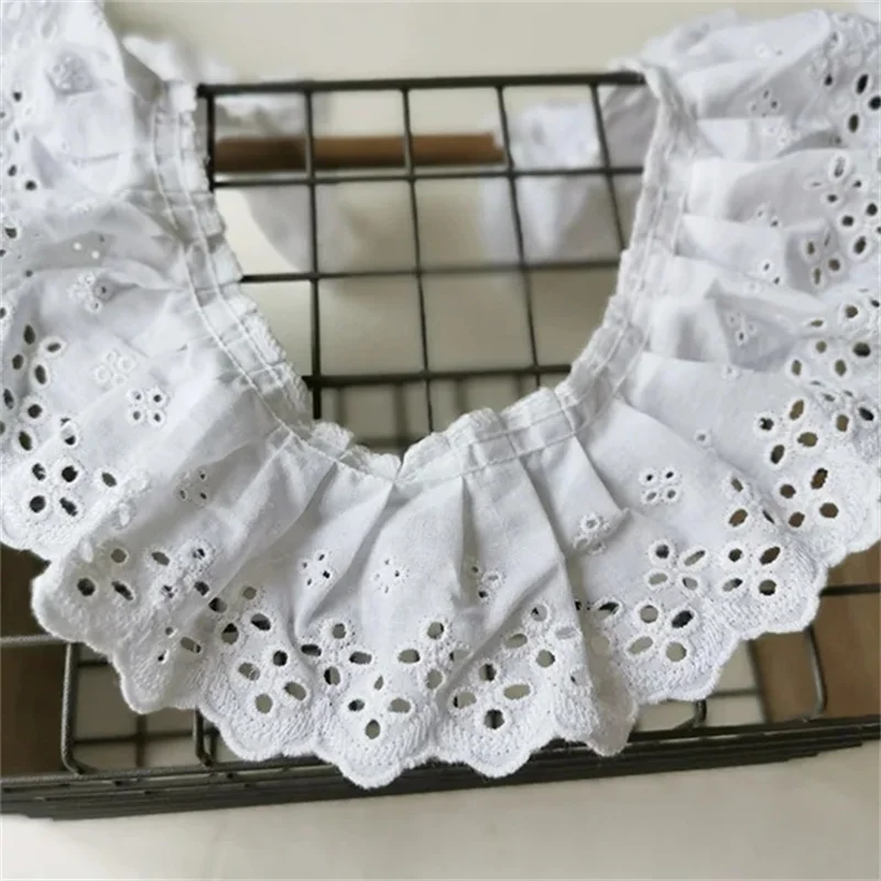 8 センチメートルワイド白コットンレースプリーツフリルトリム中空刺繍