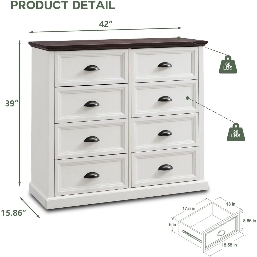 Farmhouse 8-drawer bedroom vanity, 39 inch high vanity and drawer box, wooden country bedroom vanity