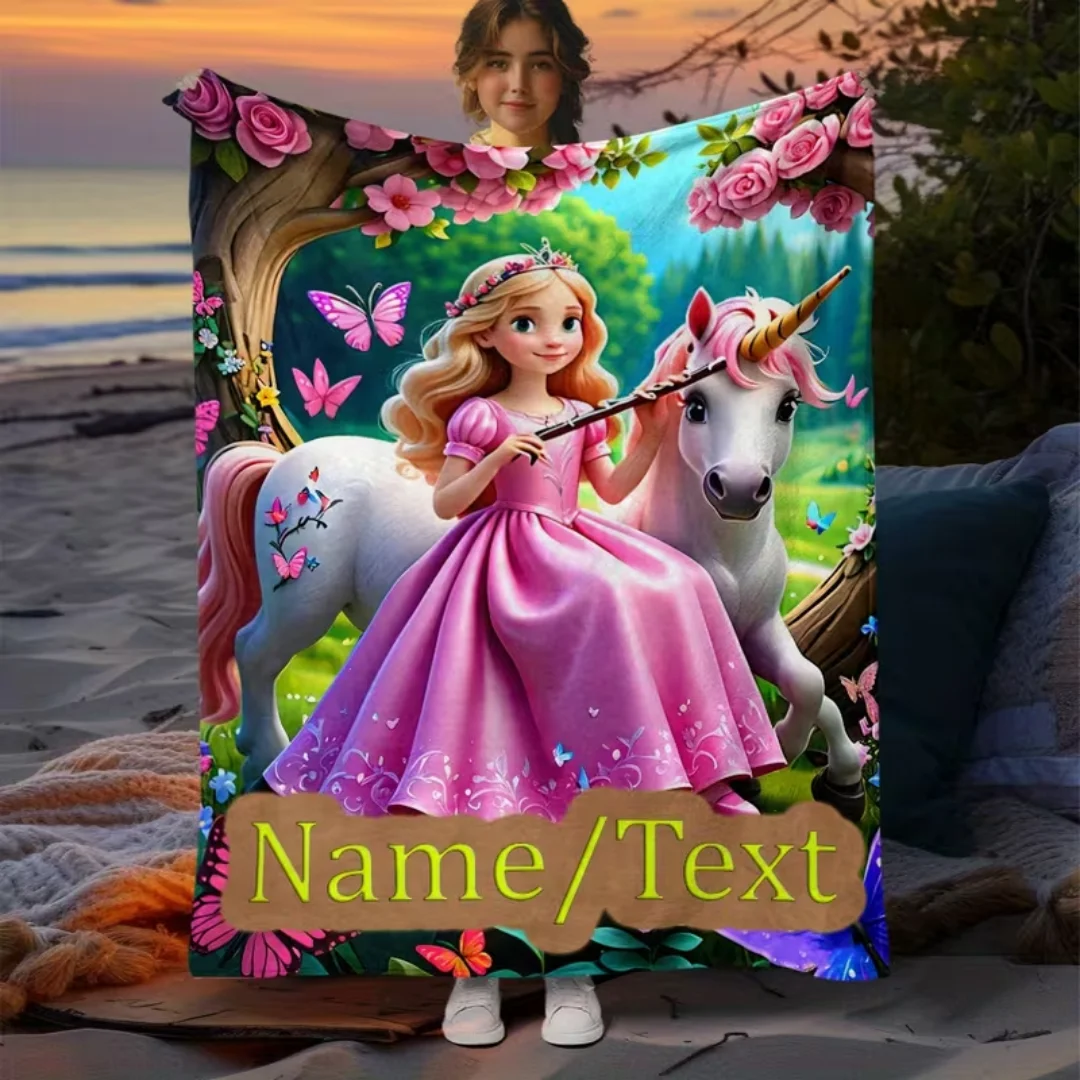 Personalized Princess & Unicorn Flannel Blanket, Custom Name Lightweight Printed Throw Blanket for Sofa Bed Office Camping, Idea
