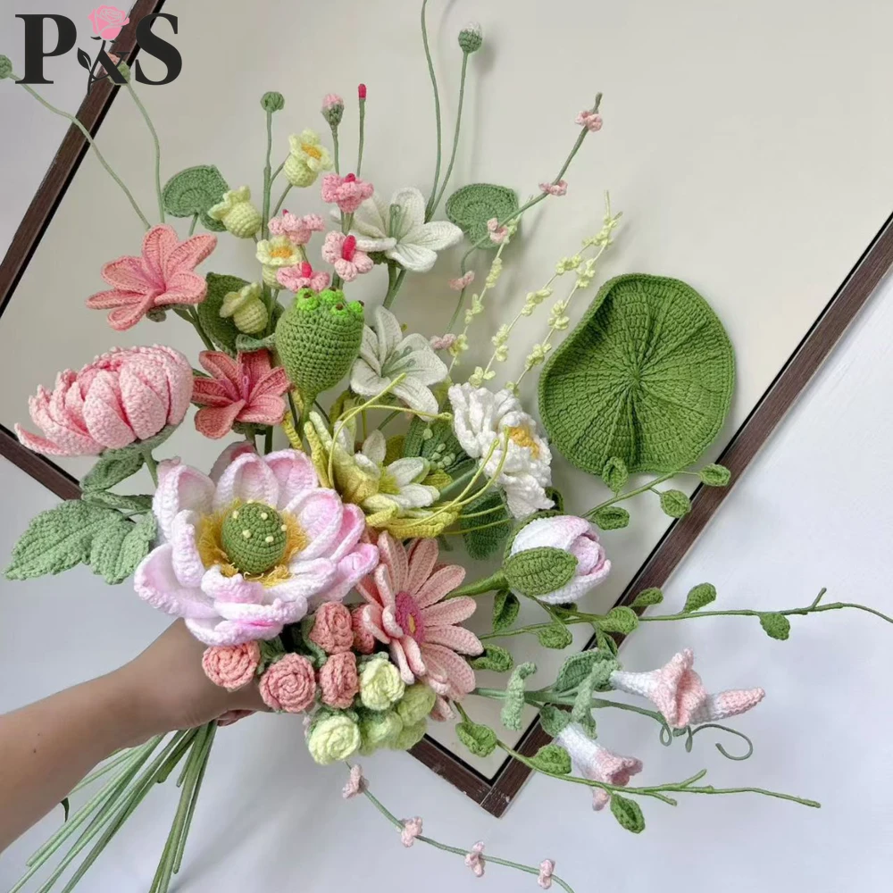 

Crochet Flower Bouquet Handmade Luxury Pink Lotus Peony Artifical Flowers Home Decoration Gifts Knitted Flower High Quality