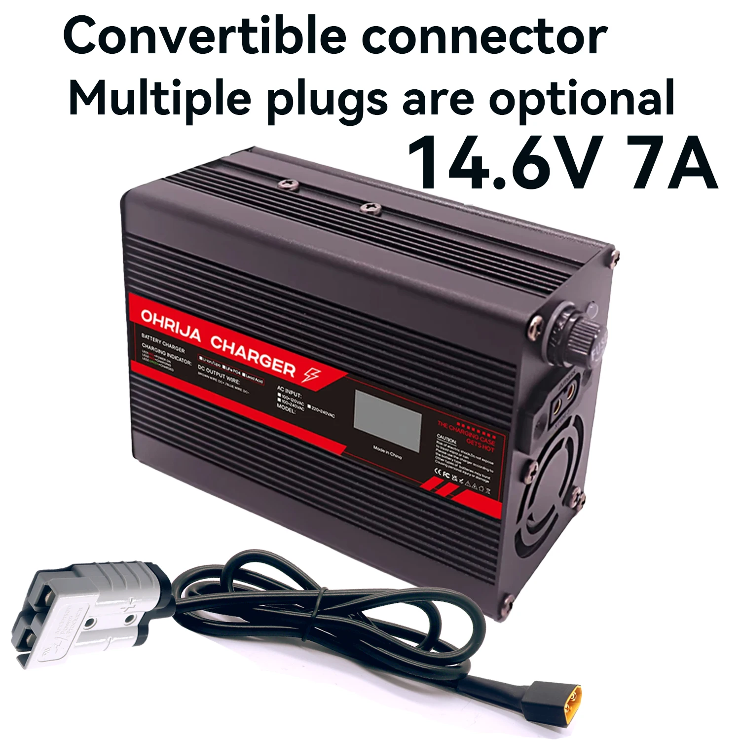 Carregador rápido de bateria lifepo4 de 14.6v 7a para display oled 4S 12.8v e conector intercambiável, estabilização rápida com ventilador de resfriamento