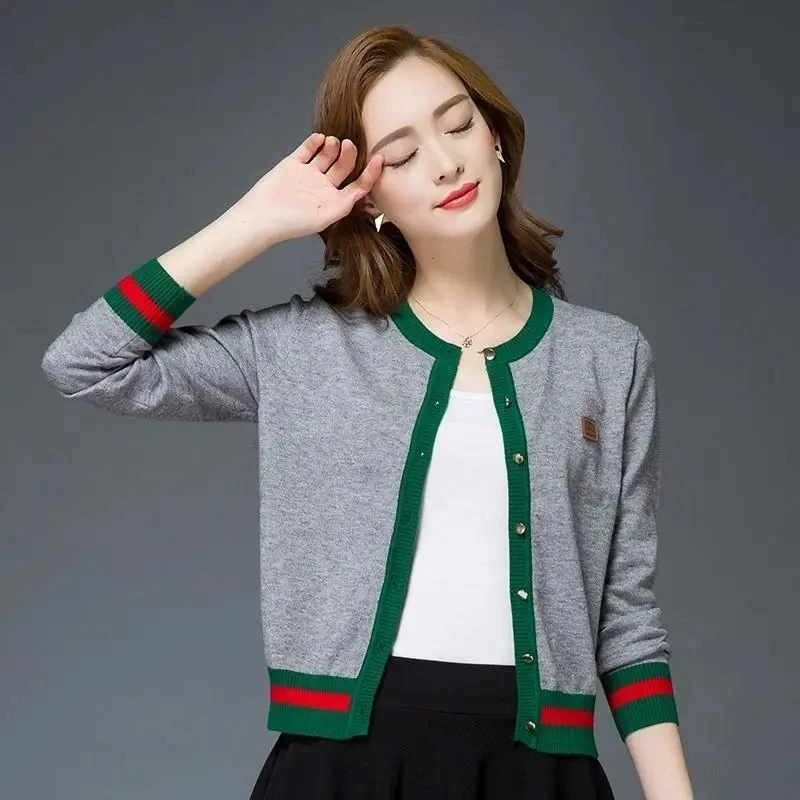 

Knitting Short Long-Sleeved Knit Jacket Woman 3XL 2023 Spring Aautumn New Woman Jacket Tide Contrasting Colors Sweater Femme