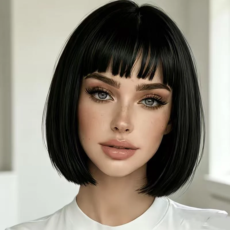 12-inch black straight bob synthetic wig, a simple and stylish everyday look for women