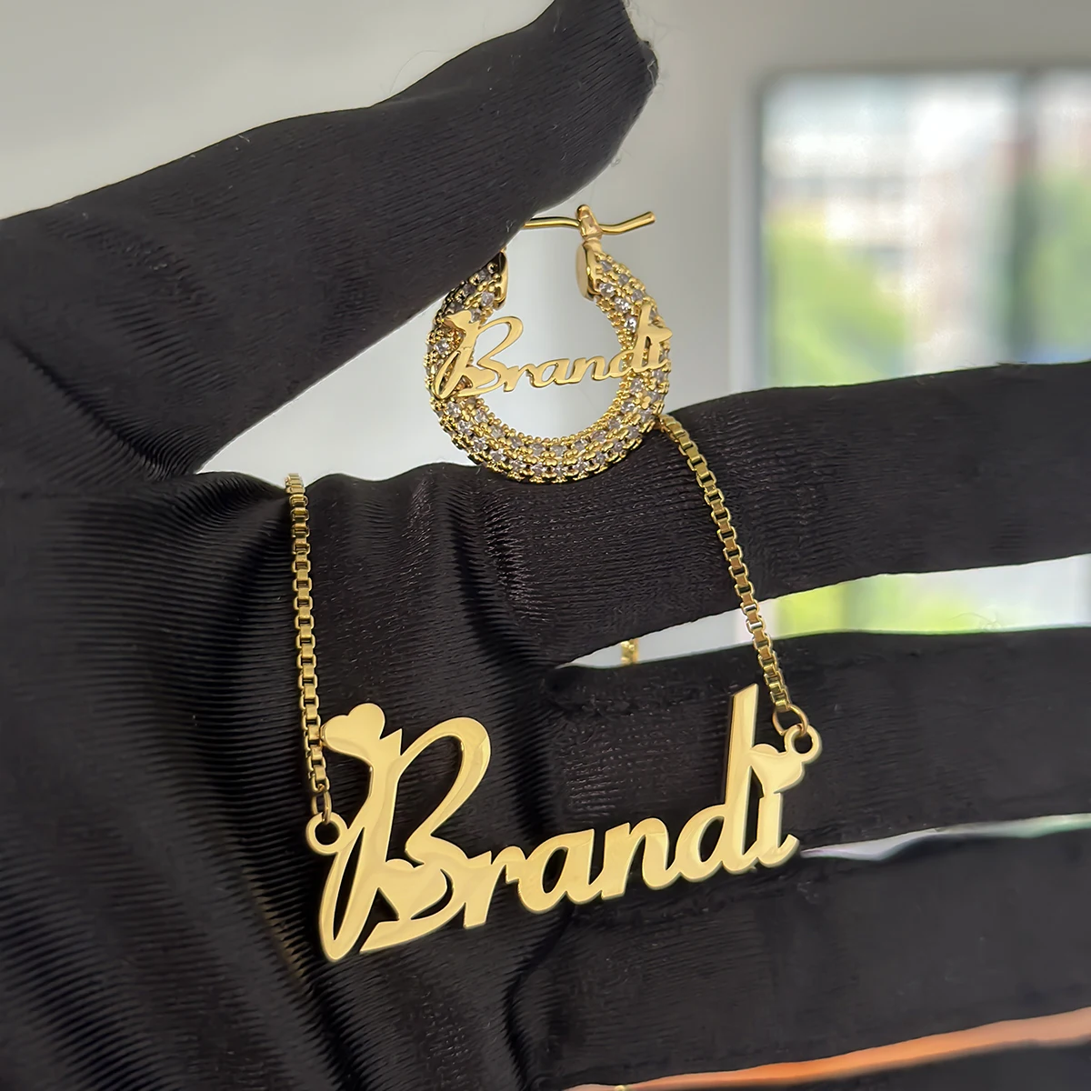 Custom Mini Earring Necklace Set Jewelry Personalized Stainless Box Chain Name Necklace 22MM Zircon Earrings Set For Girl Gift