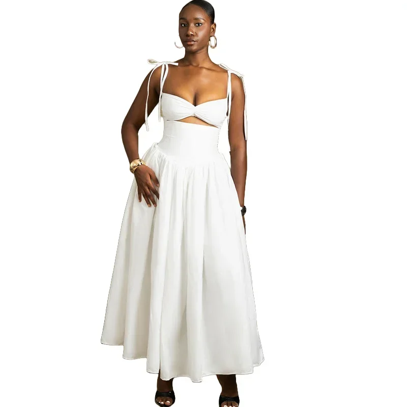 

Women's Lace-Up Halter Hollow Out Chest Wrapped Off Shoulder Sleeveless Dress, Backless, Solid Color, Sexy