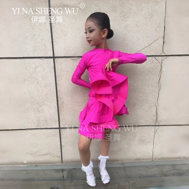 

Одежда для соревнований по латинским танцам для девочек, блестящее тканевое танцевальное платье с длинными рукавами, детская тренировочная одежда для танцев ча-румбы