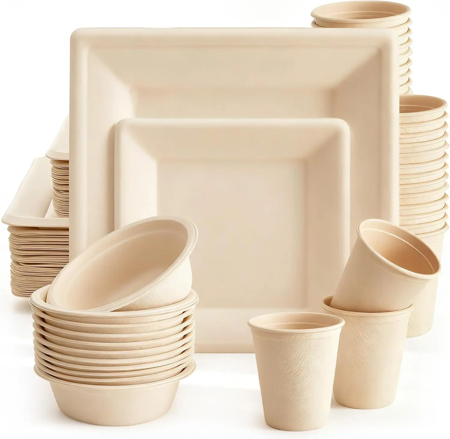 

100 Pack Compostable Paper Plates and Bowls Set, 10in & 8in Heavy Duty Sugarcane Disposable Plates 12 oz Biodegradable C