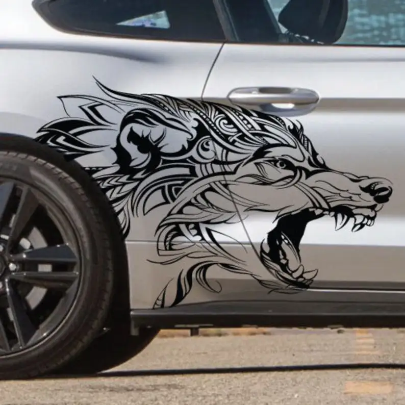 Both Sides - Mustang Ranger Coyote Wolf Tattoo Grunge Design Tribal Door Bed Side Pickup  Truck Car Vinyl Graphic Decal USA