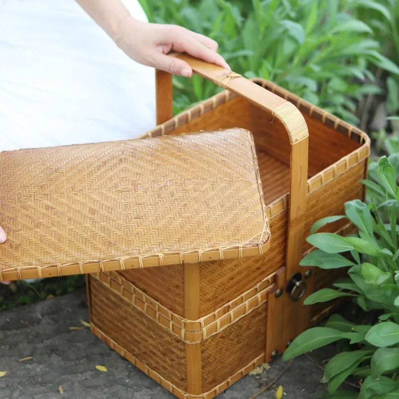 Handmade bamboo retro double-layer portable box food box delivery basket